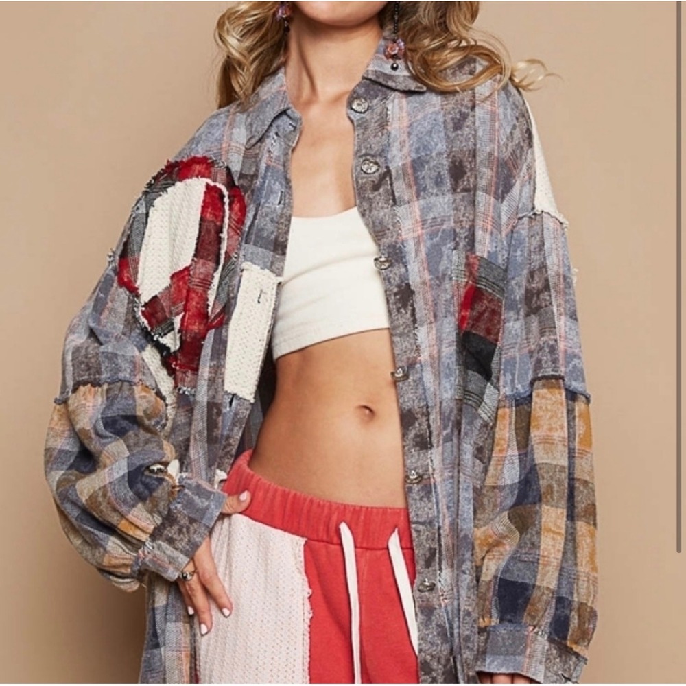 POL Clothing Oversized Patchwork Flannel Shirt Pe… - image 1